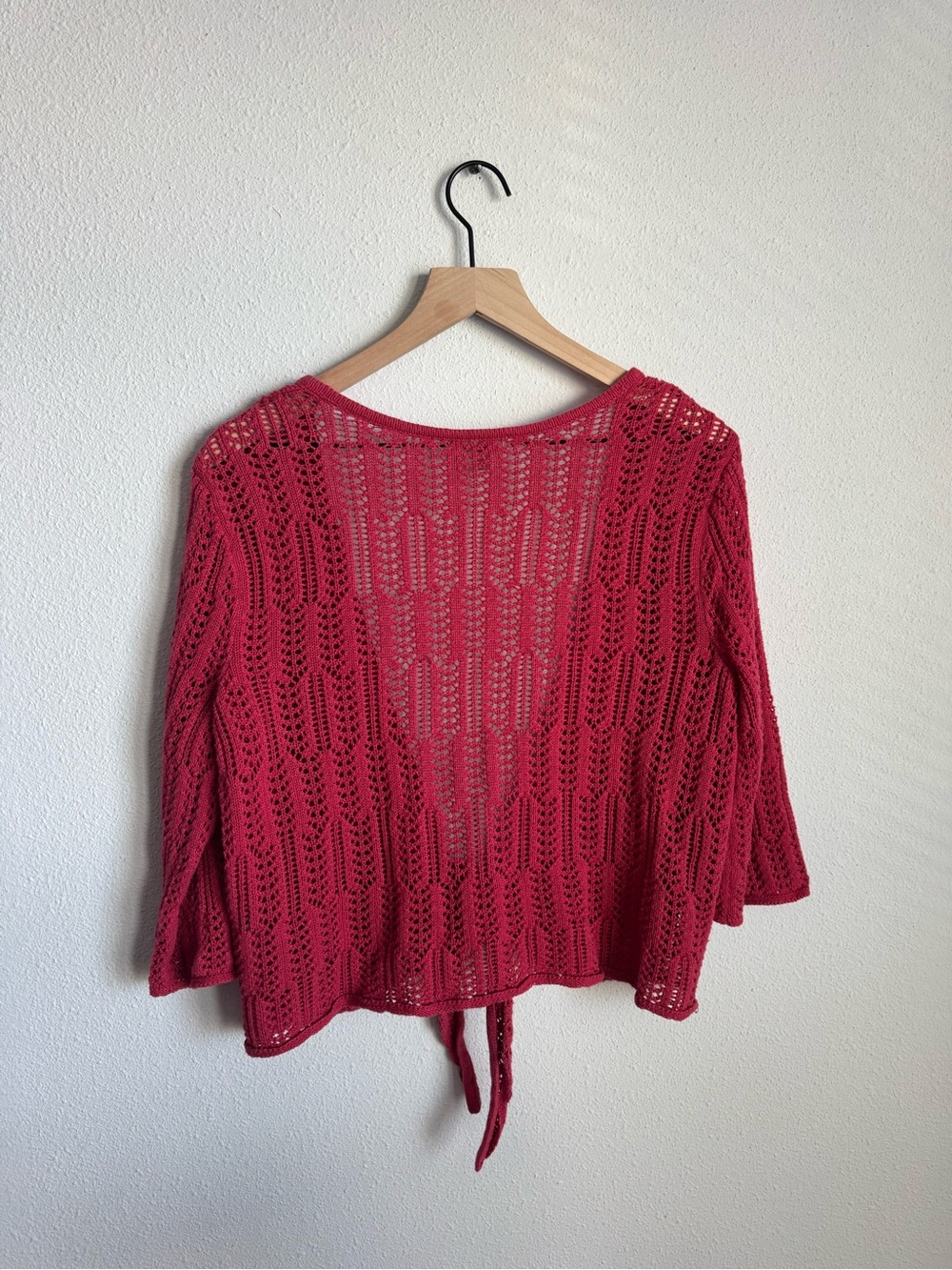 Open Knit Tie-Front Cardigan in Deep Raspberry - Picture 5 of 5